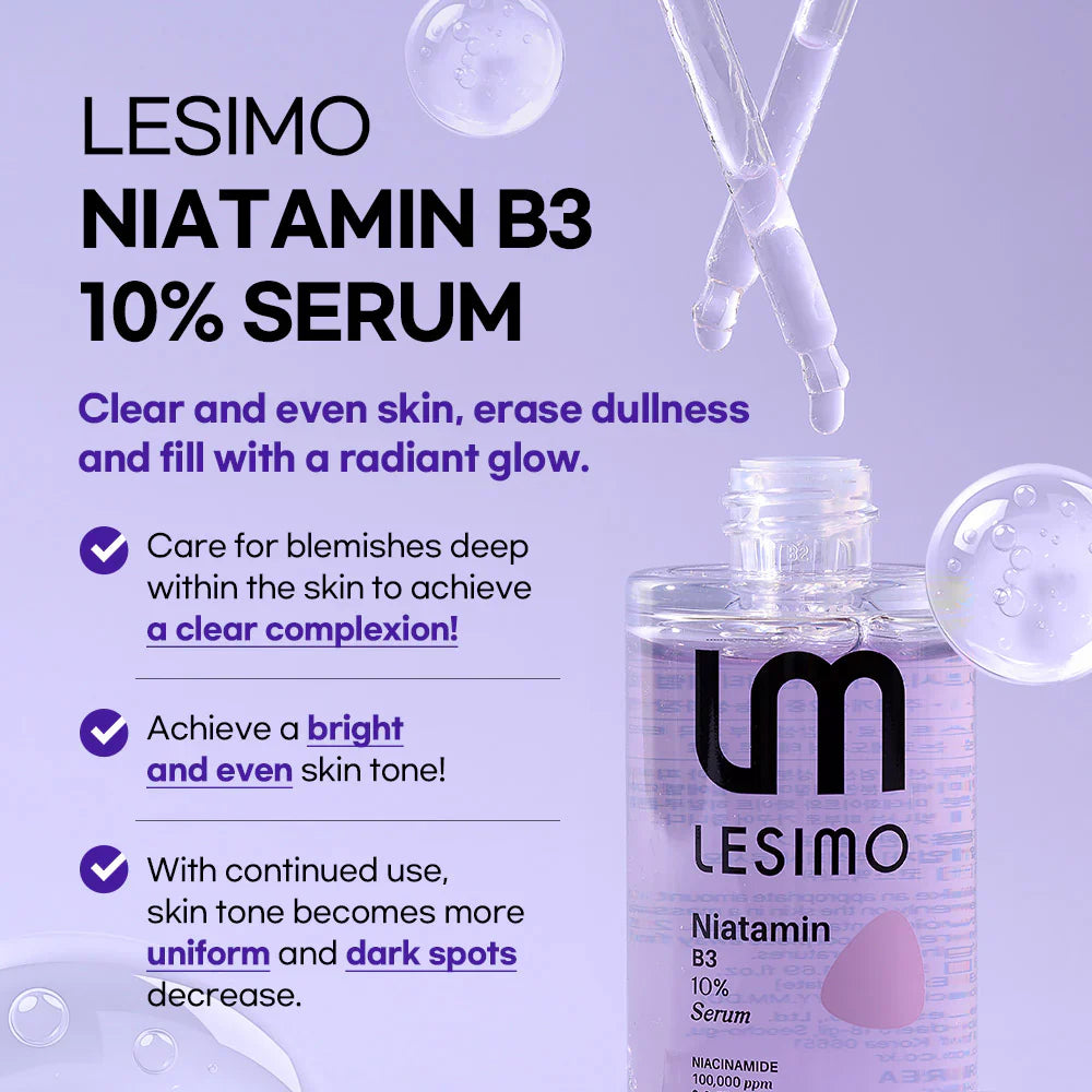 Lesimo Niatamin B3 10 % Serum, Gesichtsserum für Glashaut / Vitamin B3, Niacinamid für dunkle Flecken, geeignet für empfindliche Haut / vegan und tierversuchsfrei, 50 ml