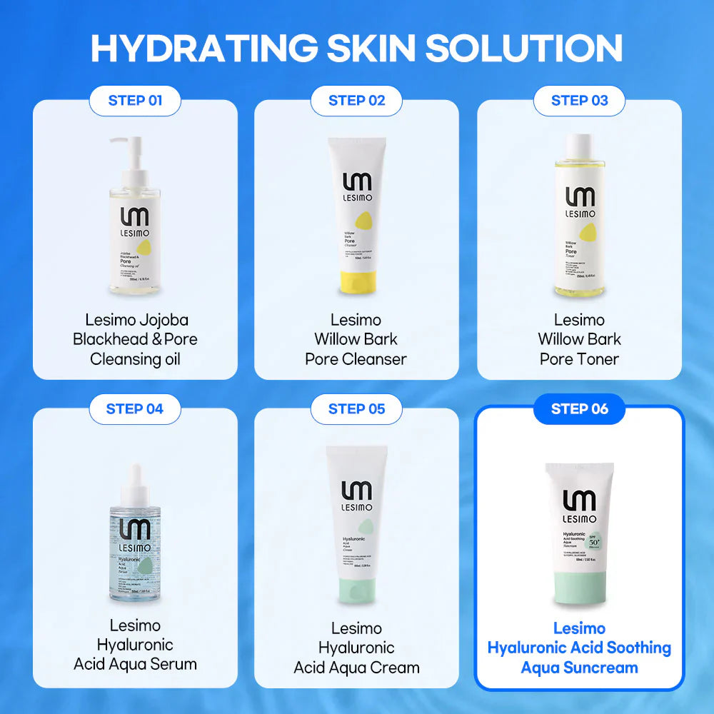 Vegan Lesimo Hyaluronsäure Beruhigende Aqua-Sonnencreme (LSF 50+, PA++++), Sonnencreme für den täglichen Gebrauch, UV-A- und UV-B-Schutz, unsichtbare koreanische Sonnencreme für das Gesicht ohne weißen Film, 60 ml